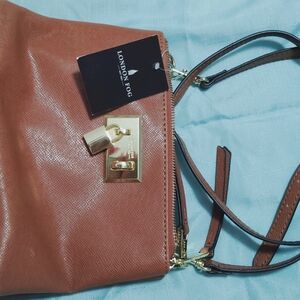 London Fog Brown Shoulder Bag with Leather Strap and Gold Hardware